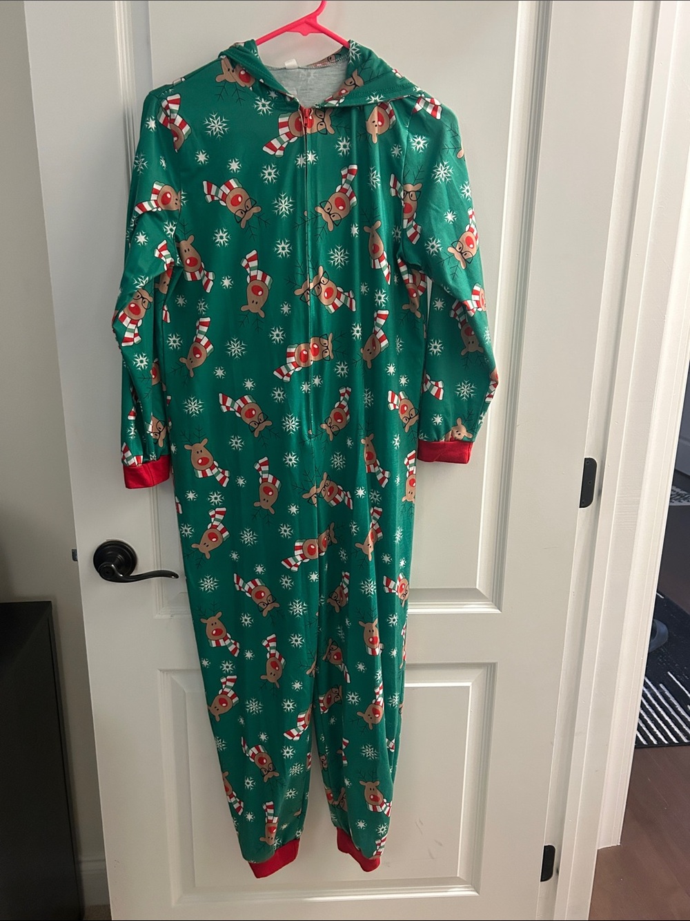 Kids Green Holiday Reindeer Hooded Pajama Onesie